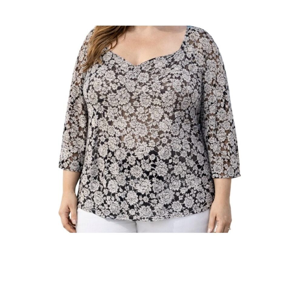 Suzanne Betro Top Womens Plus Size 4X White Floral Lace Tunic Black Satin Lined